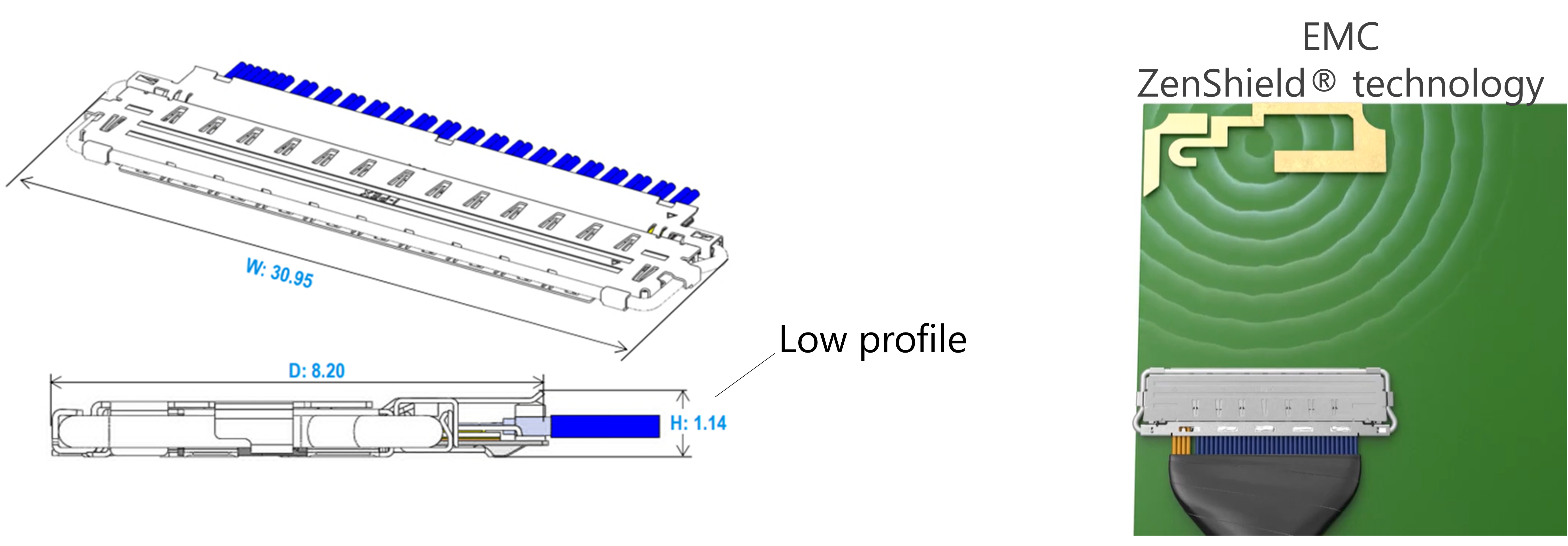 Low profile with a mated height of 1.14 mm, ideal for space-constrained applications, fully-shielded with ZenShield® technology 