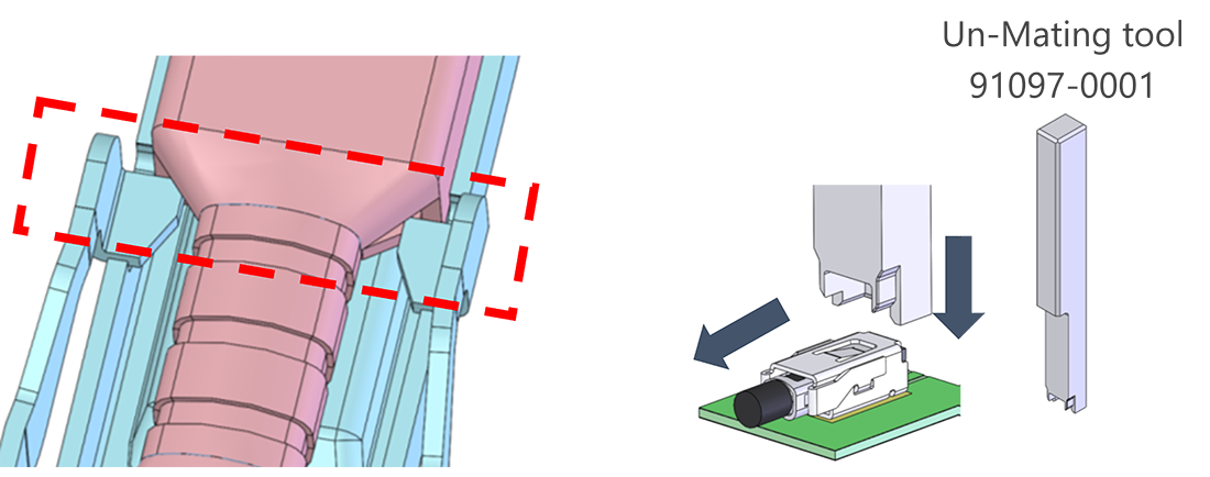 Permanent mechanical lock with tactile indication of secure contact/Un-mating tool available 
