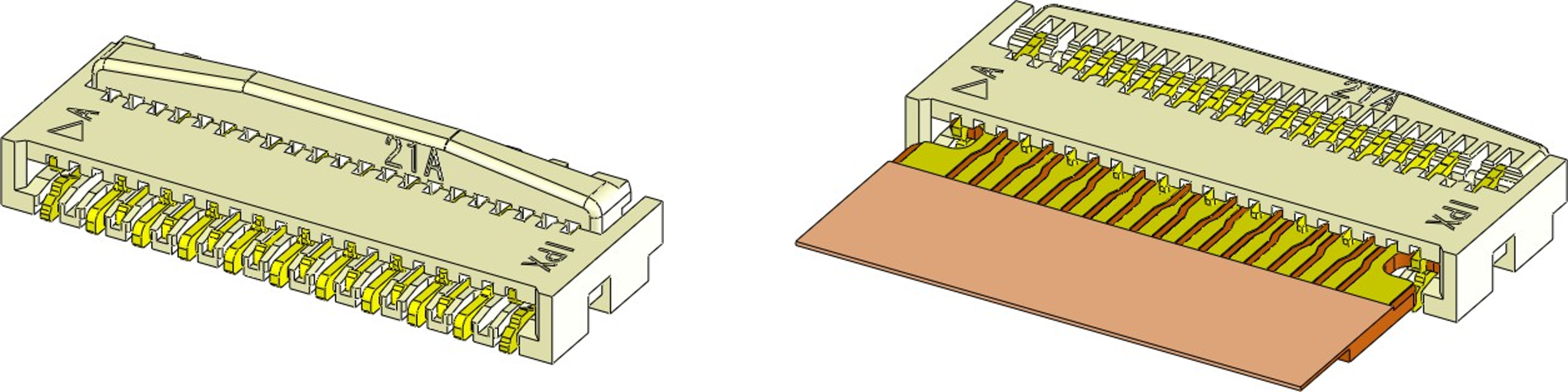 MINIFLEX connector with the actuator open and no FPC inserted, and with the actuator closed after FPC insertion.