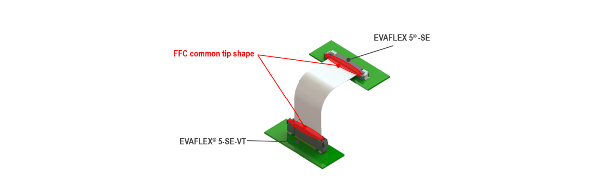 EVAFLEX 5-SE-VT Extremely reliable contact with I-PEX’s unique W-Point contact structure Horizontal mate type using same FFC option available (EVAFLEX® 5-SE)